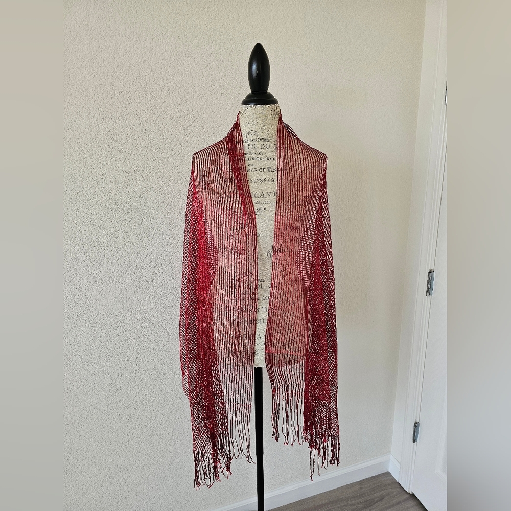 INC International Concepts Red Metallic Mesh Fringe Scarf / Wrap